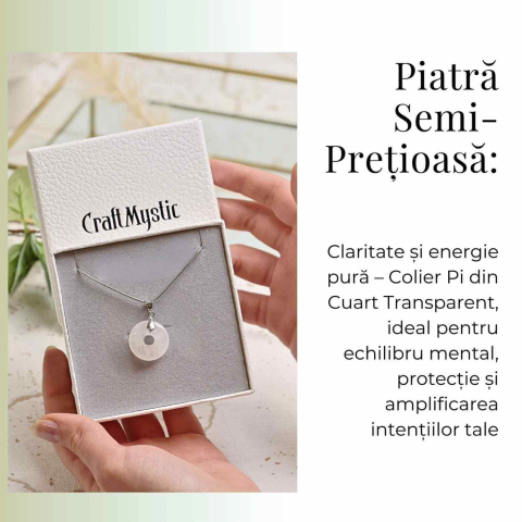 Colier Argintiu Cuart Transparent Forma Pi - Claritate si Energie Pura, Lungime Totala 50 cm, Diametru Pandantiv 20 mm [5]