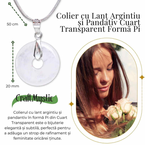 Colier Argintiu Cuart Transparent Forma Pi - Claritate si Energie Pura, Lungime Totala 50 cm, Diametru Pandantiv 20 mm [1]