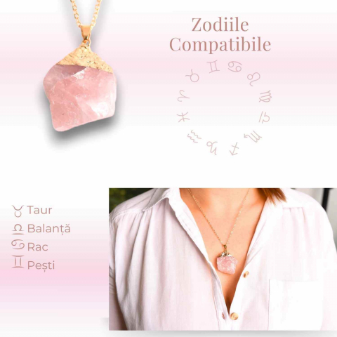 Colier auriu ajustabil cu pandantiv din Cuart Roz brut – Vindecare și Iubire [3]
