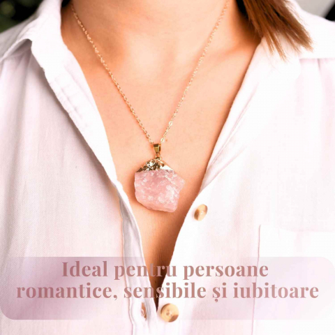 Colier auriu ajustabil cu pandantiv din Cuart Roz brut – Vindecare și Iubire [1]