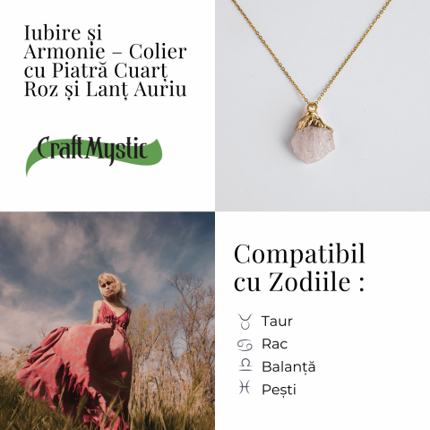 Iubire si Armonie – Colier cu Piatra Cuart Roz si Lant Auriu [4]