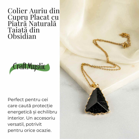 Colier Auriu din Cupru Placat cu Piatra Naturala Obsidian - Protectie si Echilibru [2]