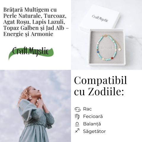 Bratara Multigem din Argint 925 Placat cu Aur – Turcoaz, Agat Rosu, Lapis Lazuli, Jad Alb, Topaz Galben si Perla Naturala – Energie Pozitiva si Armonie [3]