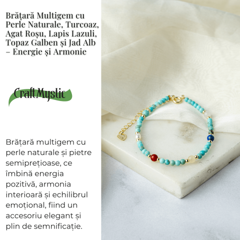 Bratara Multigem din Argint 925 Placat cu Aur – Turcoaz, Agat Rosu, Lapis Lazuli, Jad Alb, Topaz Galben si Perla Naturala – Energie Pozitiva si Armonie [6]