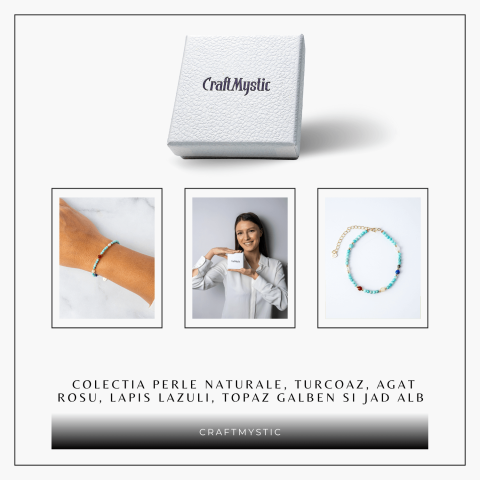 Bratara Multigem din Argint 925 Placat cu Aur – Turcoaz, Agat Rosu, Lapis Lazuli, Jad Alb, Topaz Galben si Perla Naturala – Energie Pozitiva si Armonie [7]