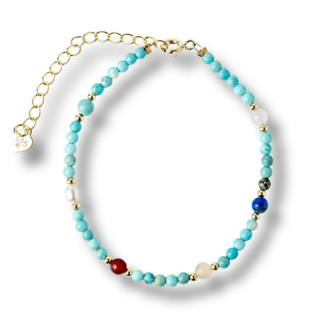 Vindecare Emotionala - Bratara Multigem din Argint 925 Placat cu Aur – Turcoaz, Agat Rosu, Lapis Lazuli, Jad Alb, Topaz Galben si Perla Naturala – Energie Pozitiva si Armonie