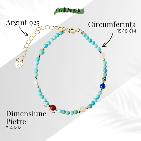 Bratara Multigem din Argint 925 Placat cu Aur – Turcoaz, Agat Rosu, Lapis Lazuli, Jad Alb, Topaz Galben si Perla Naturala – Energie Pozitiva si Armonie [4]