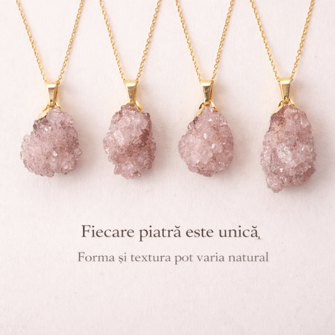 Colier cu Ametist Roz Natural – Lant Argint Placat Aur 18K – Piatra Bruta Brazilia [6]