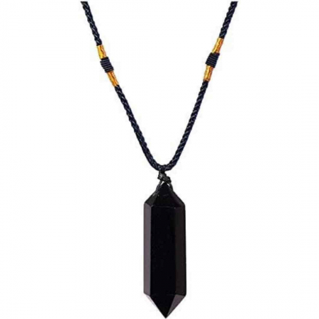 Colier cu cristal vindecator Obsidian 4-5 cm, in forma hexagonala cu dublu varf si saculet satin negru – pentru protectie, vointa si noroc [0]