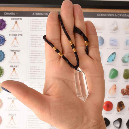 Colier cu cristal vindecator Obsidian 4-5 cm, in forma hexagonala cu dublu varf si saculet satin negru – pentru protectie, vointa si noroc [1]