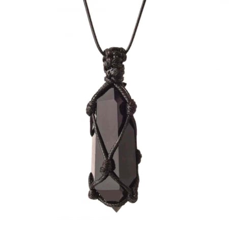 Coliere - Colier cu cristal vindecator Obsidian Negru, in forma hexagonala dublu varf, infasurat intr-o plasa de franghie neagra ajustabila – pentru protectie, stabilitate si armonie