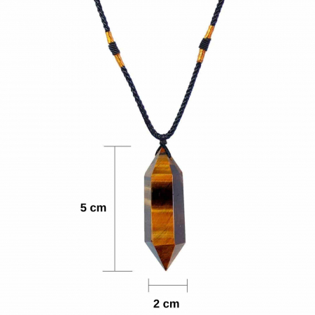 Colier cu cristal vindicator Ochi de Tigru, in forma hexagonala cu dublu varf – pentru protectie, vointa si noroc. [1]