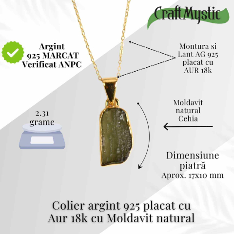 Colier Argint 925 placat cu aur 18k cu Moldavit natural brut 2.31 g – talisman de transformare [2]