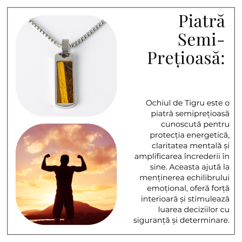 Colier Otel Inoxidabil cu Ochi de Tigru Natural – Pandantiv Dreptunghiular al Curajului [5]