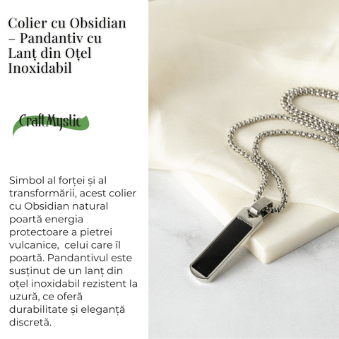 Colier din Otel Inoxidabil cu Obsidian Natural – Pandantiv Dreptunghiular Protectie si Transformare [2]