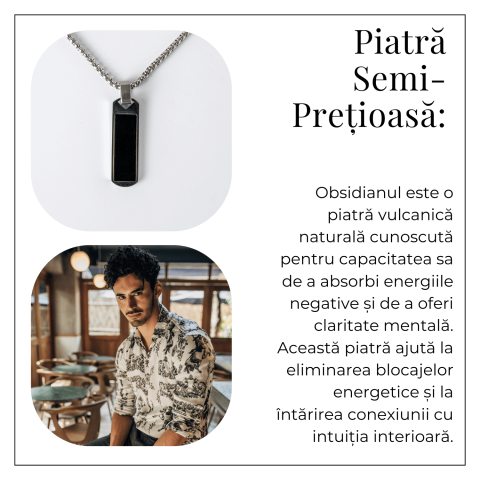 Colier din Otel Inoxidabil cu Obsidian Natural – Pandantiv Dreptunghiular Protectie si Transformare [5]