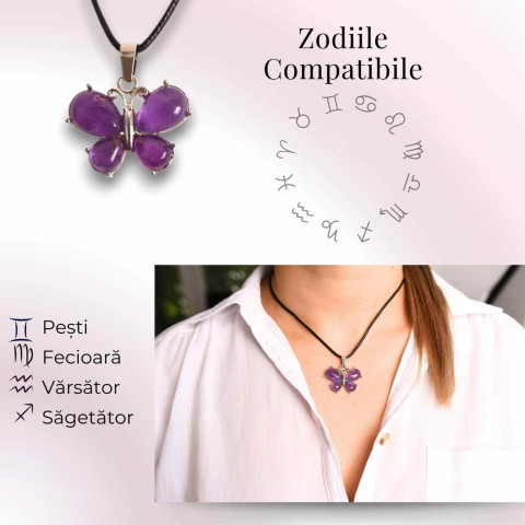 Colier ajustabil fluture cu ametist, ochi de tigru sau cuart roz – Protecție și Eleganță [3]