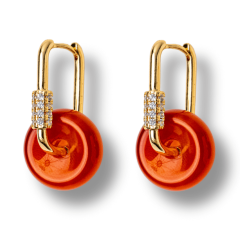 Agata Rosu - Cercei Cupru Placat Auriu cu Agat Rosu forma Pi – Energie, Curaj si Eleganta Vibranta