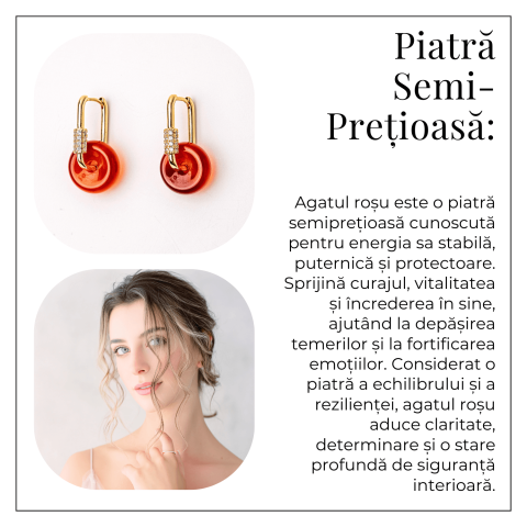 Cercei Cupru Placat Auriu cu Agat Rosu forma Pi – Energie, Curaj si Eleganta Vibranta [5]