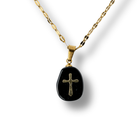 Colier Otel Inoxidabil Auriu cu Obsidian si Cruce – Protectie si Claritate Interioara [8]