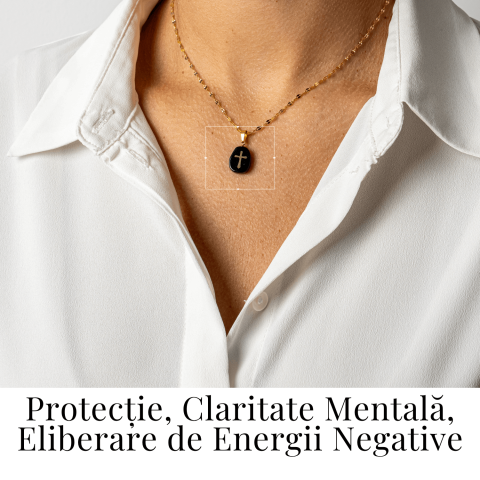 Colier Otel Inoxidabil Auriu cu Obsidian si Cruce – Protectie si Claritate Interioara [1]