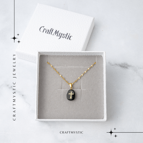 Colier Otel Inoxidabil Auriu cu Obsidian si Cruce – Protectie si Claritate Interioara [6]