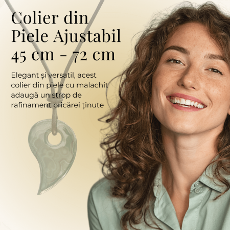 Colier cu Lant din Piele Ajustabil si Pandantiv 45mm in Forma de Virgula din Malachit Natural [3]