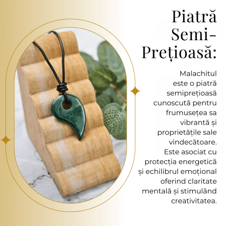 Colier cu Lant din Piele Ajustabil si Pandantiv 45mm in Forma de Virgula din Malachit Natural [2]