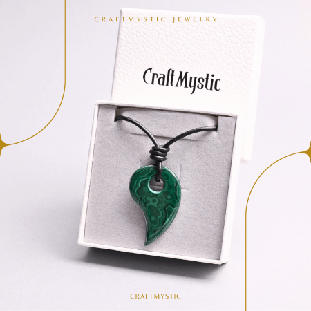 Colier cu Lant din Piele Ajustabil si Pandantiv 45mm in Forma de Virgula din Malachit Natural [6]