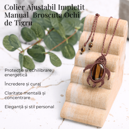 Colier Ajustabil Handmade cu Cristal de Ochi de Tigru in Broscuta Impletita – Lungime Maxima 45 cm [2]