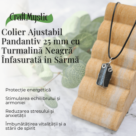 Colier Ajustabil cu Pandantiv din Turmalina Neagra Infasurata in Sarma, 25mm [3]