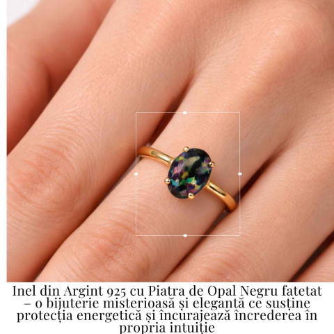 Inel Argint 925 placat cu aur 18K cu Opal Negru Fațetat oval— o reflexie profunda a intuitiei purtate cu gratie [1]