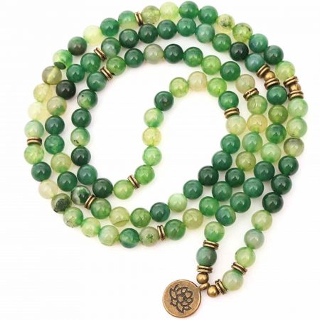 Alte cristale - Bratara si Colier Mala din Agat Verde cu 108 Margele de 8mm Ajustabila si Elastica, cu Simbolul Lotus si Viata pentru Yoga