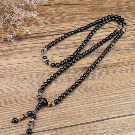 Bratara-Colier 108 Mala din Obsidian si Ochi de Tigru cu Mana Fatimei sau Hamsa [3]