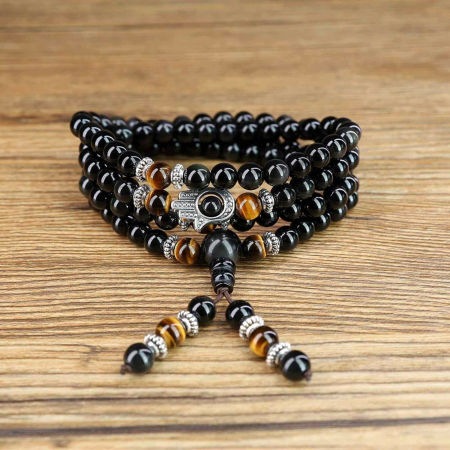 Bratara-Colier 108 Mala din Obsidian si Ochi de Tigru cu Mana Fatimei sau Hamsa [4]