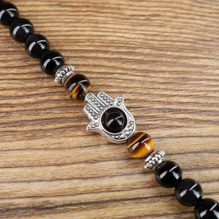 Bratara-Colier 108 Mala din Obsidian si Ochi de Tigru cu Mana Fatimei sau Hamsa [2]