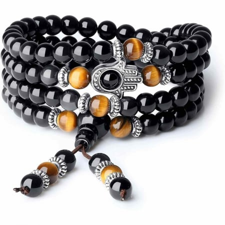 Claritate Mentala si Focus - Bratara-Colier 108 Mala din Obsidian si Ochi de Tigru cu Mana Fatimei sau Hamsa