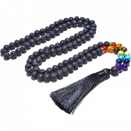 Alte cristale - Colier Mala Rozariu cu Margele 8mm din Piatra de Lava Neagra Vulcanica si 7 pietre pentru cele 7 chakre