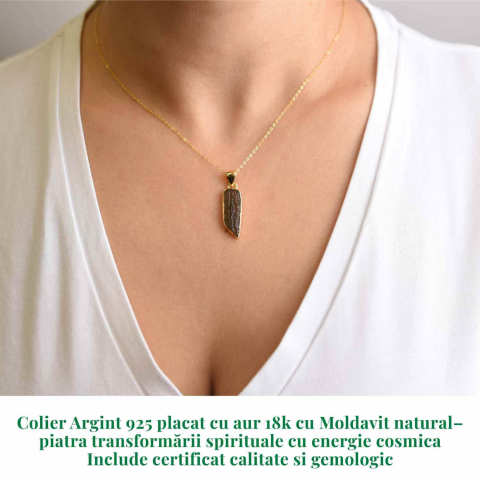 Colier argint 925 placat aur 18k cu Moldavit natural 2.3 gr – talisman de transformare spirituala [1]