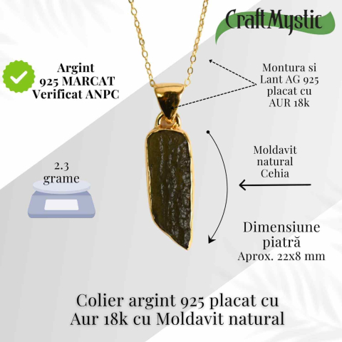 Colier argint 925 placat aur 18k cu Moldavit natural 2.3 gr – talisman de transformare spirituala [2]