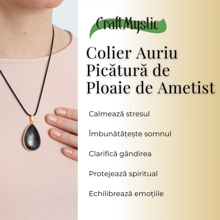 Colier Reglabil cu Pandantiv Auriu 35mm in Forma de Strop de Ploaie din Ametist [4]