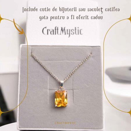 Colier Reglabil cu Pandantiv Argintiu 15mm in Forma Dreptunghiulara cu Citrin Natural Fatetat Qadri- Energie si Prosperitate [6]