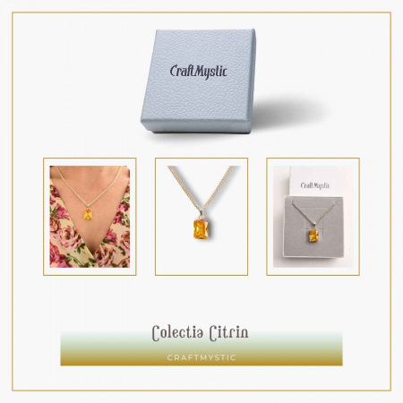 Colier Reglabil cu Pandantiv Argintiu 15mm in Forma Dreptunghiulara cu Citrin Natural Fatetat Qadri- Energie si Prosperitate [5]