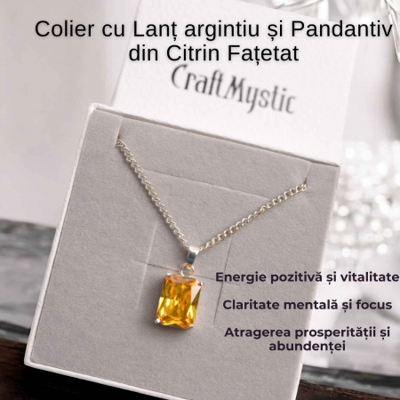 Colier Reglabil cu Pandantiv Argintiu 15mm in Forma Dreptunghiulara cu Citrin Natural Fatetat Qadri- Energie si Prosperitate [2]