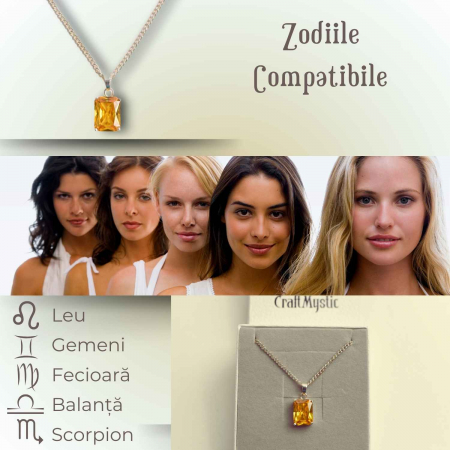 Colier Reglabil cu Pandantiv Argintiu 15mm in Forma Dreptunghiulara cu Citrin Natural Fatetat Qadri- Energie si Prosperitate [3]
