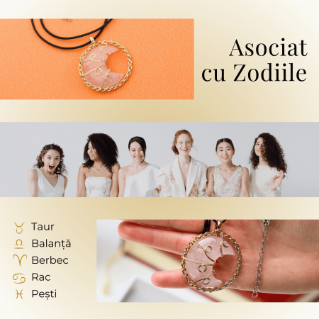 Colier Rafinat Auriu in Forma de Semiluna cu Cristal Cuart Roz [3]