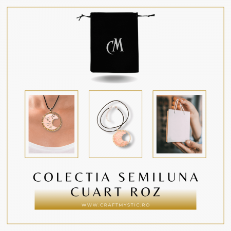 Colier Rafinat Auriu in Forma de Semiluna cu Cristal Cuart Roz [7]