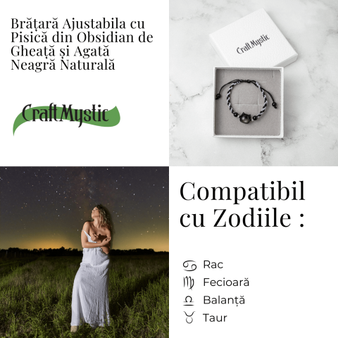 Bratara Ajustabila cu Pisica din Obsidian de Gheata si Agata Neagra Naturala – Talisman al Protectiei si Claritatii [4]