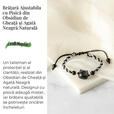 Bratara Ajustabila cu Pisica din Obsidian de Gheata si Agata Neagra Naturala – Talisman al Protectiei si Claritatii [3]