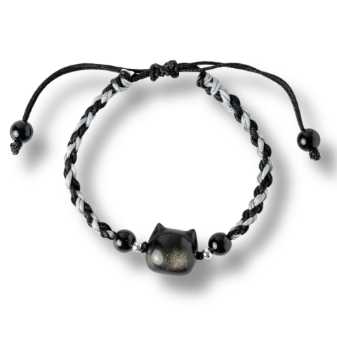 Claritate Mentala si Focus - Bratara Ajustabila cu Pisica din Obsidian de Gheata si Agata Neagra Naturala – Talisman al Protectiei si Claritatii